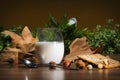 Hazelnut milk glass with maple leaves and cereal cracker