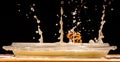 Hazelnut in milk splash. Drops on a wooden table Royalty Free Stock Photo