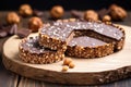 hazelnut protein bars displayed on a circular wooden surface