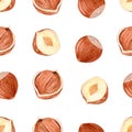 Hazelnut seamless pattern on white background. Watercolor half and whole nuts print