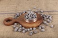 Hazelnut varieties in copper bowl on linen background. Roasted shelled hazelnuts, shelled hazelnuts and shellless roasted