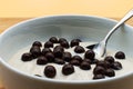 Hazelnut yogurt with chocolate crispies in a white cup on wooden table.