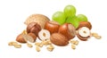 Hazelnuts and almonds in shell, green grapes and rolled oats isolated on white background. Nuts, fruit and cereal mix