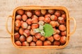 Hazelnuts in a basket on a wooden table.Nut abundance. Fresh harvest of hazelnuts.Farmed organic hazelnuts.