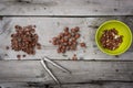 Hazelnuts broken on the wooden table