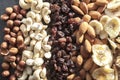 Hazelnuts , cashew nuts, raisins, almonds and dry bananas