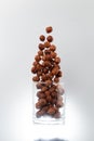 Hazelnuts are falling out of a glass on a white background Royalty Free Stock Photo