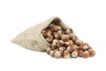 Hazelnuts, filbert in burlap sack on white backdrop. heap or stack of hazelnuts. Hazelnut background, healty food Royalty Free Stock Photo