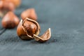 Hazelnuts, filbert on wooden table Royalty Free Stock Photo