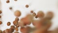 Hazelnuts flying, fall down on white background. Close up. Royalty Free Stock Photo