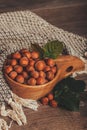 Hazelnuts with green leaves in wooden bowl on rustic background Royalty Free Stock Photo