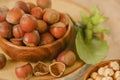 Hazelnuts harvest.Nut abundance.Vegetable protein and healthy fat source. Whole and shelled organic hazelnuts on a