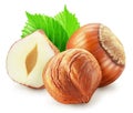 Hazelnuts, hazelnut kernel and green leaves on white background. Clipping path