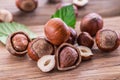 Hazelnuts and hazelnut leaves on the wooden table.