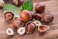 Hazelnuts and hazelnut leaves on the wooden table. Royalty Free Stock Photo