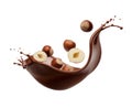 Hazelnuts in melted chocolate splash on a white background. Generative AI Royalty Free Stock Photo