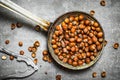 Hazelnuts and a Nutcracker in the old pan. Royalty Free Stock Photo