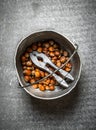 Hazelnuts with Nutcracker in the old pot. Royalty Free Stock Photo