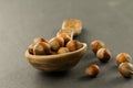 Hazelnuts in spoon on black background Royalty Free Stock Photo