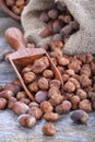 Hazelnuts on a spoon and in a linen sack