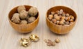 Hazelnuts and walnuts in a bowl with a few cracked next to it on the table. Royalty Free Stock Photo