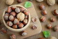 Hazelnuts and walnuts in a wooden bowl Royalty Free Stock Photo