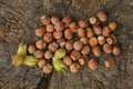 Hazelnuts on a wooden background Royalty Free Stock Photo