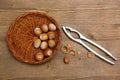 Hazelnuts on wooden nutcracker Royalty Free Stock Photo