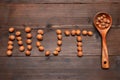 hazelnuts in a wooden spoon and the word nut from hazelnuts Royalty Free Stock Photo