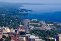 Hazy aerial view of Duluth Minnesota harbor on a sunny summer day