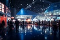 Hazy backdrop of a bustling public exhibition hall at a business event