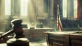 In a hazy and faded setting a judges bench stands tall in the center of the frame flanked by an outoffocus witness stand