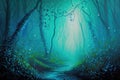 Hazy Green Teal Fairy Forest Path, Abstract Fairytale, Enchanted Woods