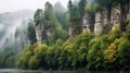 Hazy Romanticism: Cliffs And Trees Alongside A River