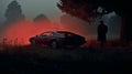 Hazy Silhouette Of A Red Car In The Dark Forest Royalty Free Stock Photo