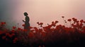 Hazy Silhouette Of A Single Poppy In A Field Of Red