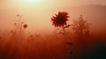 Hazy Silhouette: A Sunflower Rising In Romanticism Style
