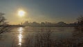 Foggy silhouettes of skyscrapers of Montreal under the setting sun