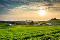 Hazy summer sunset over farm fields in rural York County, Pennsylvania.