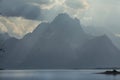 Hazy Teton Mountains, sun rays, Jackson Lake, Jackson Hole, Wyom Royalty Free Stock Photo