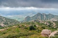 Hazy unusual mountains with green trees and cloudy sky near Montserrat Monastery,Spain