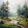 Hazy Watercolor Painting Of Forest Stream And Pine Trees