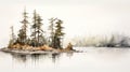 Hazy Watercolor Painting Of Pine Trees On Plateau Shores