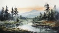 Hazy Watercolor Painting Of Trees And River: Serene Landscape Art