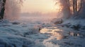 Hazy Winter Stream: Frozen Water Flowing In A Snow Covered Landscape