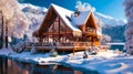 Cozy Wooden Cabin with Icicles Near Frozen Lake in Picturesque Winter Wonderland. Generative AI Royalty Free Stock Photo