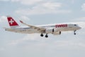 Airbus A220-300 operated by Swiss on landing