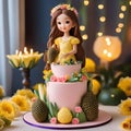 hbd cake decorated with a little girl doll in a garden decorated with flowers