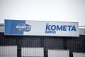 HC Kometa logo in front of their home arena, the DRFG Arena, or Hala Rondo, in Brno.