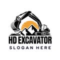 HD Excavator logo design with mountains and sun illustration vector Royalty Free Stock Photo